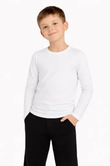 Çocuk Basic Uzun Kollu Tişört Okul Günlük Rahat T-Shirt - Beyaz