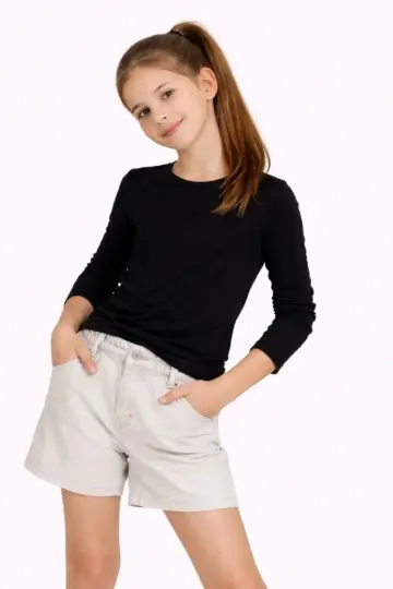 Kız Çocuk Basic Uzun Kollu Tişört Okul Günlük Rahat T-Shirt - Siyah