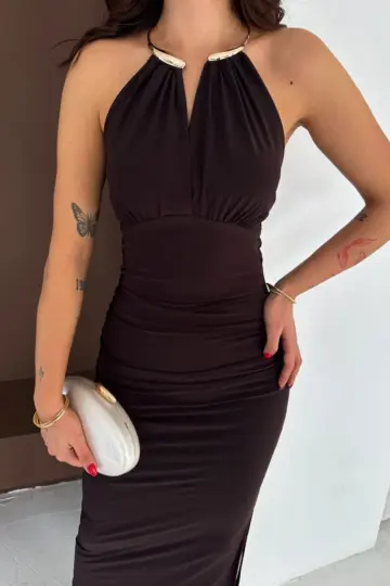 Uzun Abiye Elbise Yırtmaçlı Sırt Dekolteli Şık Gece Elbisesi - Kahverengi