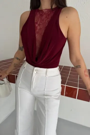 Dantel Detaylı Derin Dekolte Body Şık Kolsuz Yazlık Bodysuit - Bordo
