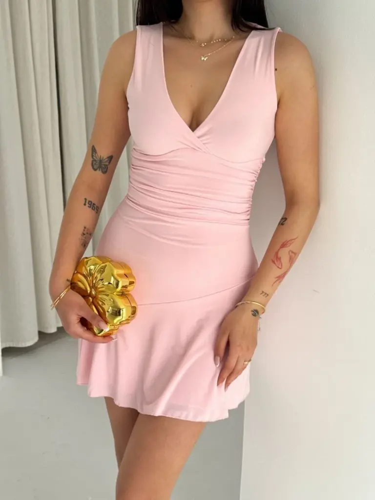 Derin V Yaka Sırt Dekolteli Mini Elbise Drapeli Şık Kolsuz - Pembe