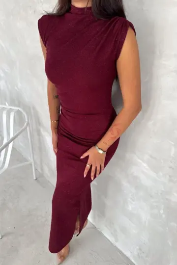 Likralı Simli Kumaş Yandan Yırtmaçlı Uzun Elbise Şık Kolsuz Abiye - Bordo