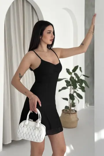 Askılı Mini Elbise Drapeli Göğüs Detay Likralı Yazlık Fit - Siyah