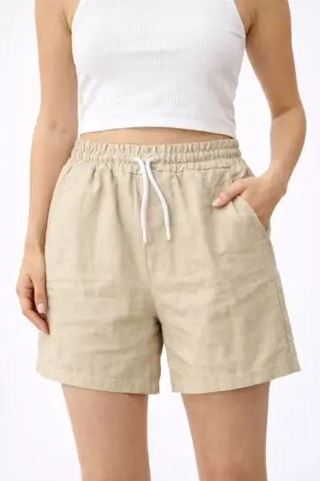 Keten Kumaş Cepli Rahat Kesim Bel Lastikli Şort - Bej