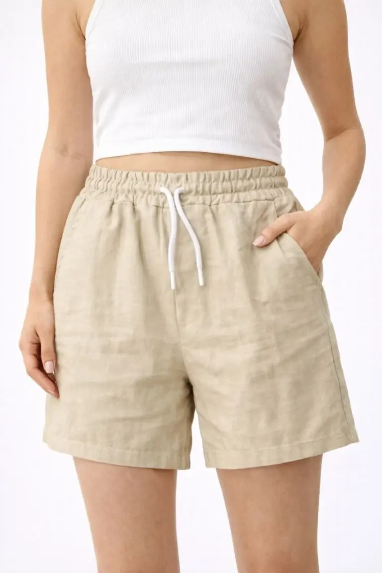 Keten Kumaş Cepli Rahat Kesim Bel Lastikli Şort - Bej