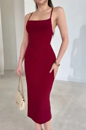 İp Askılı Sırt Dekolteli Bağlama Detaylı Yırtmaçlı Midi Elbise - Bordo