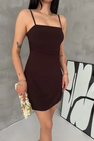 Askılı Şifon Mini Elbise Drapeli Bel Vücuda Oturan Yazlık Şık - Kahverengi