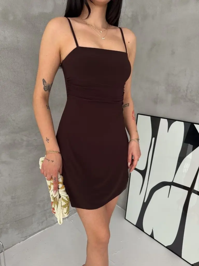 Askılı Şifon Mini Elbise Drapeli Bel Vücuda Oturan Yazlık Şık - Kahverengi