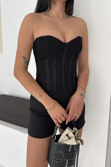 Fermuarlı Dantel Korse Straplez Bustiyer Transparan Şık Top - Siyah