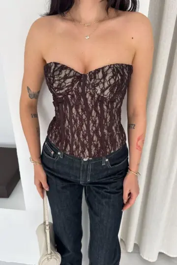 Fermuarlı Dantel Korse Straplez Bustiyer Transparan Şık Top - Kahverengi