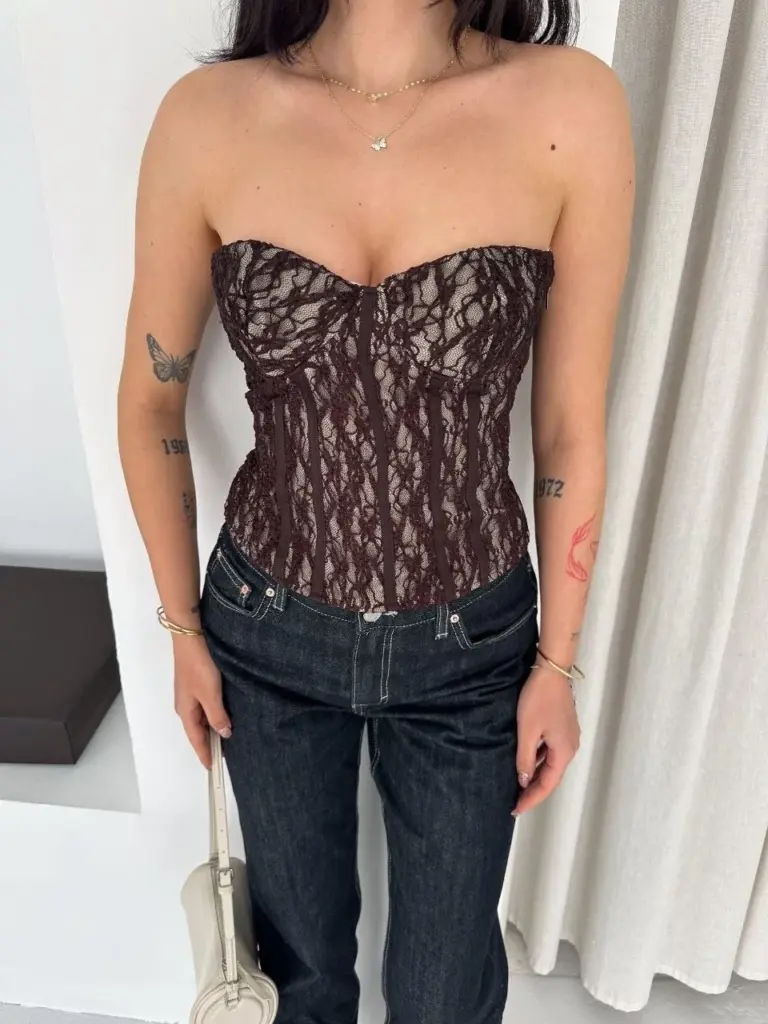 Fermuarlı Dantel Korse Straplez Bustiyer Transparan Şık Top - Kahverengi