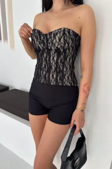 Fermuarlı Dantel Korse Straplez Bustiyer Transparan Şık Top - Bej