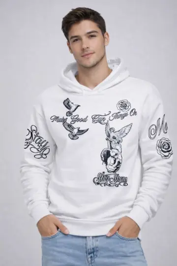 3 İplik Pamuklu Kapüşonlu Baskılı SweatShirt hoodie - Beyaz