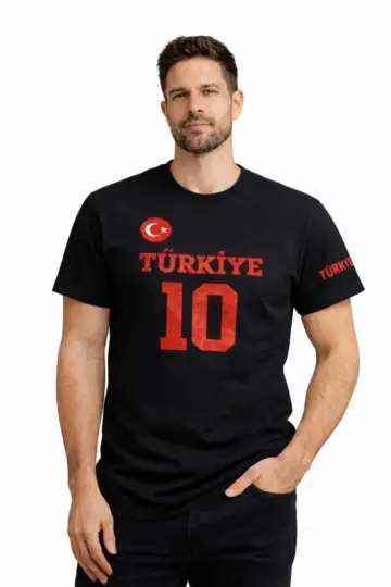 TÜRKİYE Ay Yıldız Baskılı 10 Numara Forma Tişört Taraftar T-Shirt - Siyah
