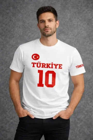 TÜRKİYE Ay Yıldız Baskılı 10 Numara Forma Tişört Taraftar T-Shirt - Beyaz