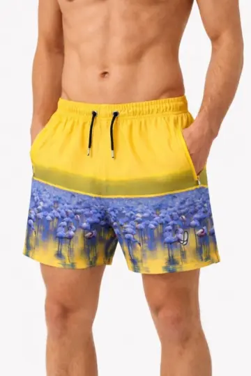 Deniz Şortu Fermuarlı Cepli File Astarlı Hızlı Kuruyan Premium - Sarı