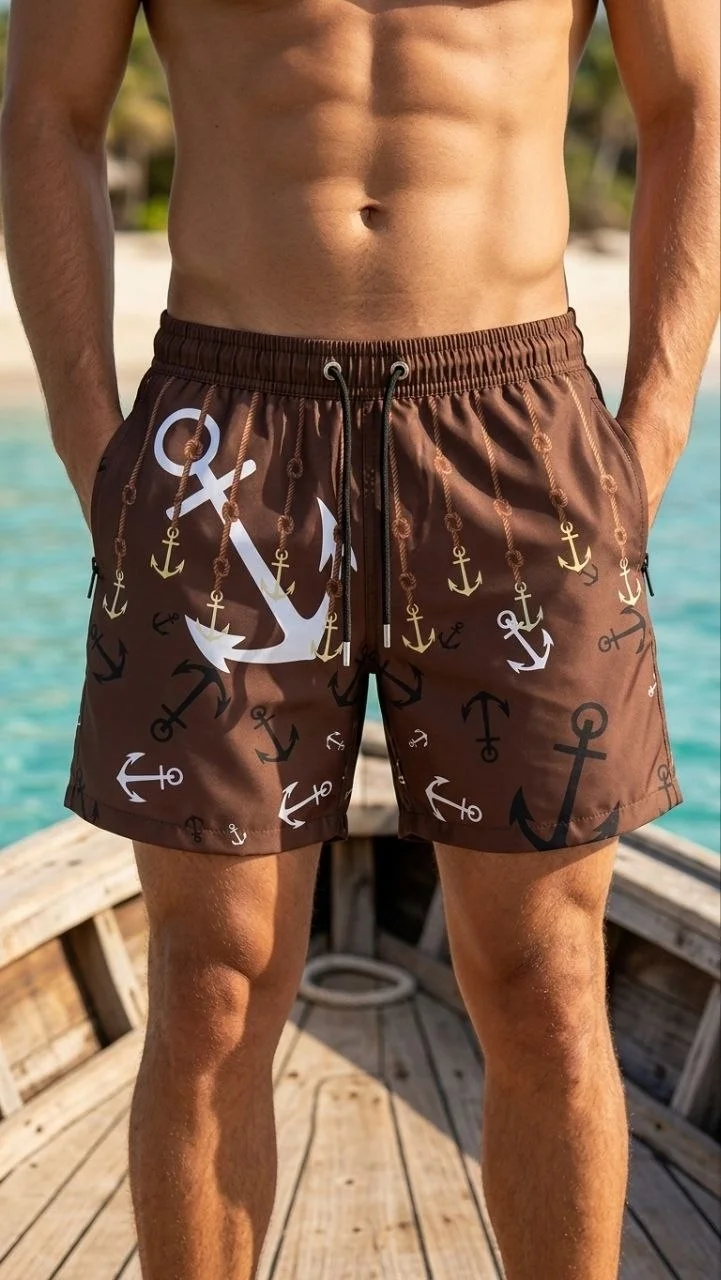 Deniz Şortu Fermuarlı Cepli File Astarlı Hızlı Kuruyan Premium - Kahverengi