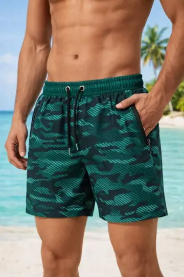 Deniz Şortu Fermuarlı Cepli File Astarlı Hızlı Kuruyan Premium - Su Yeşili