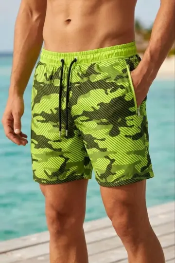 Deniz Şortu Fermuarlı Cepli File Astarlı Hızlı Kuruyan Premium - Neon Yeşili