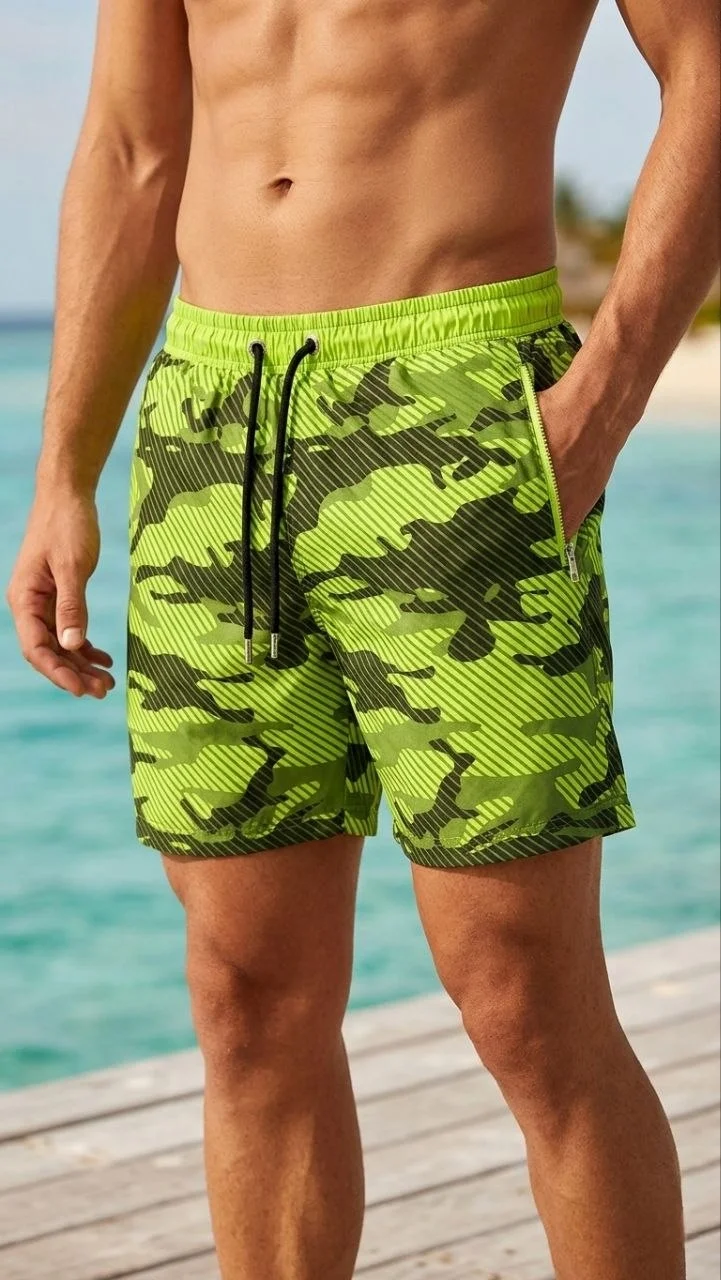 Deniz Şortu Fermuarlı Cepli File Astarlı Hızlı Kuruyan Premium - Neon Yeşili