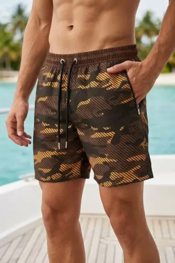 Deniz Şortu Fermuarlı Cepli File Astarlı Hızlı Kuruyan Premium - Kahverengi