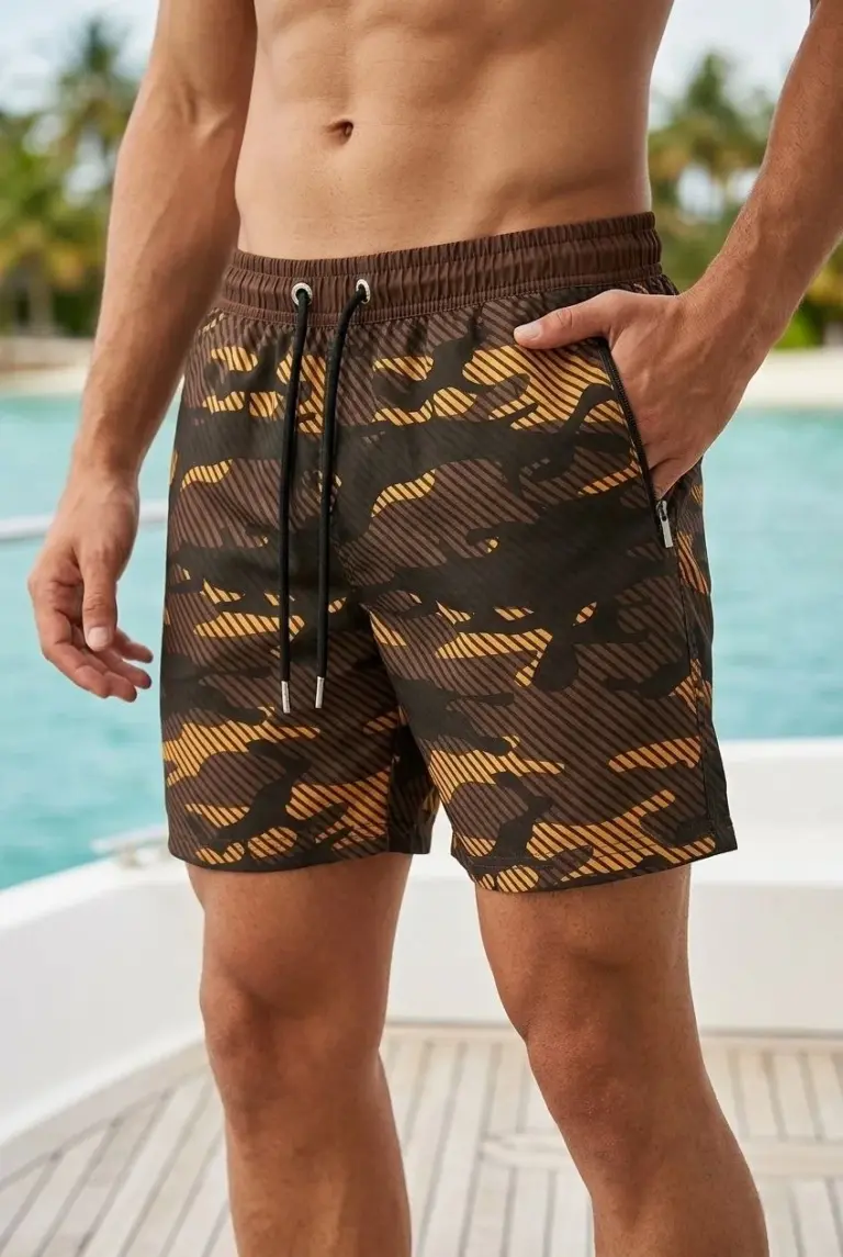 Deniz Şortu Fermuarlı Cepli File Astarlı Hızlı Kuruyan Premium - Kahverengi