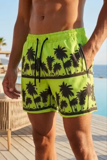 Deniz Şortu Fermuarlı Cepli File Astarlı Hızlı Kuruyan Premium - Neon Yeşili