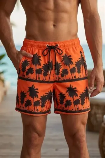 Deniz Şortu Fermuarlı Cepli File Astarlı Hızlı Kuruyan Premium - Turuncu