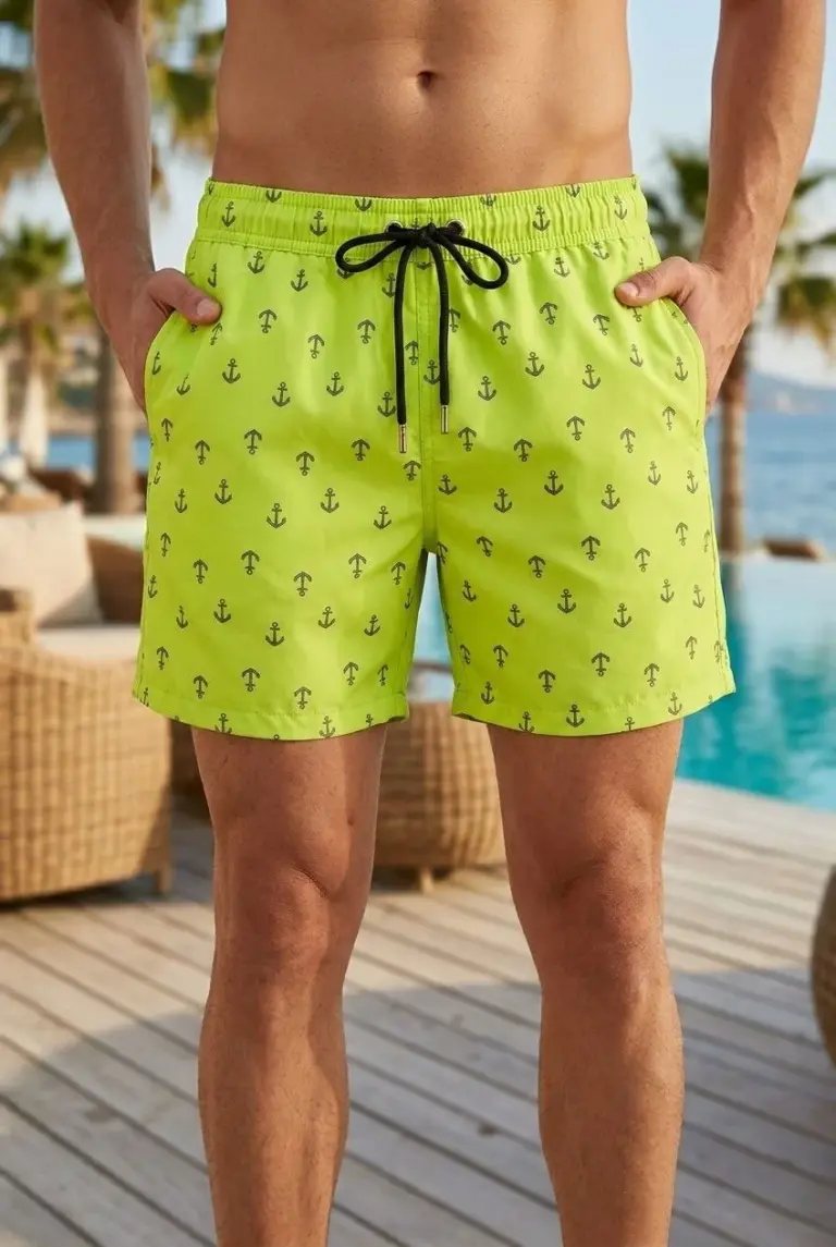 Deniz Şortu Fermuarlı Cepli File Astarlı Hızlı Kuruyan Premium - Neon Yeşili