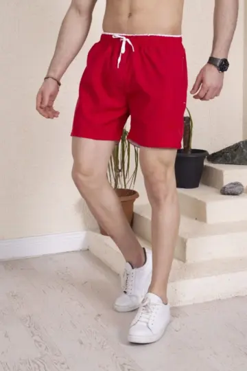 Deniz Şortu Fermuarlı Cepli File Astarlı - Kırmızı