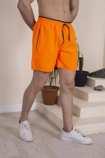 Deniz Şortu Fermuarlı Cepli File Astarlı - Turuncu