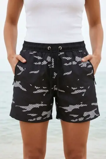 Deniz Şortu Fermuarlı Cepli File Astarlı Hızlı Kuruyan Premium - Siyah