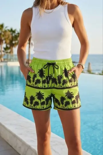 Deniz Şortu Fermuarlı Cepli File Astarlı Hızlı Kuruyan Premium - Neon Yeşili