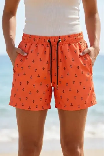Deniz Şortu Fermuarlı Cepli File Astarlı Hızlı Kuruyan Premium - Turuncu