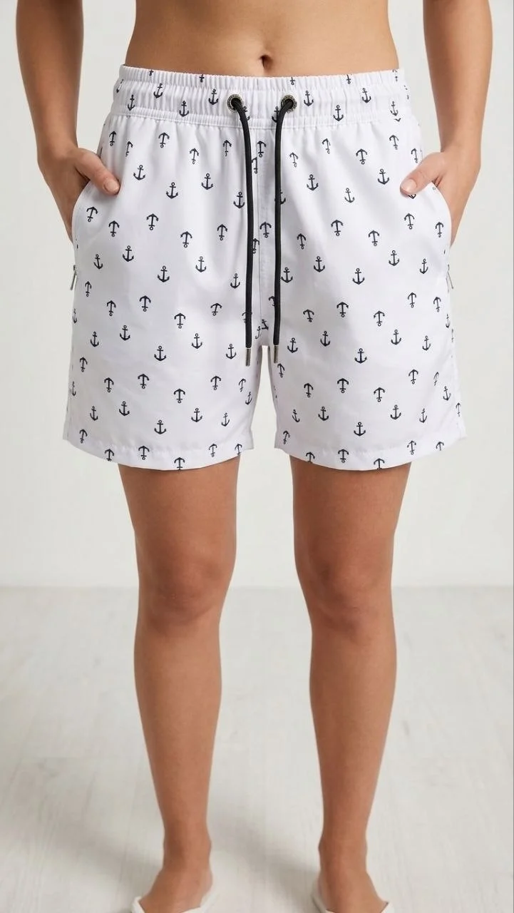 Deniz Şortu Fermuarlı Cepli File Astarlı Hızlı Kuruyan Premium - Beyaz