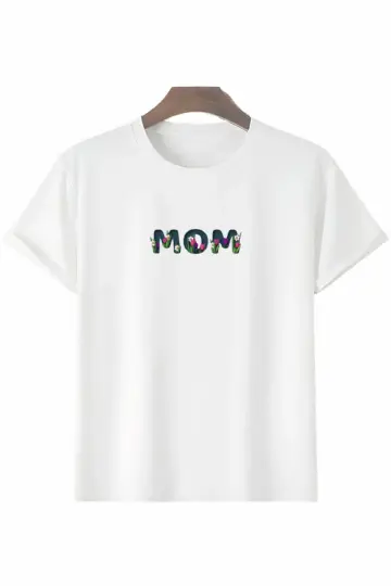 Anneler Gününe Özel Tasarım mom Çiçek Baskılı T-shirt - Beyaz