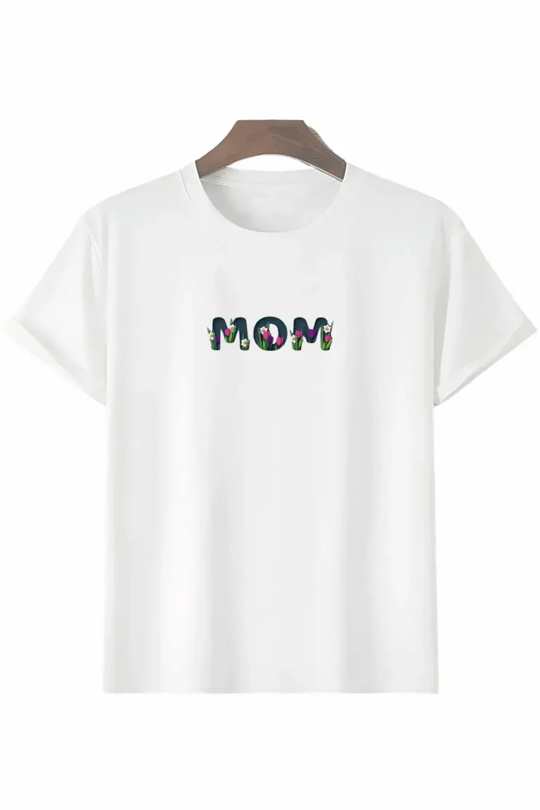 Anneler Gününe Özel Tasarım mom Çiçek Baskılı T-shirt - Beyaz
