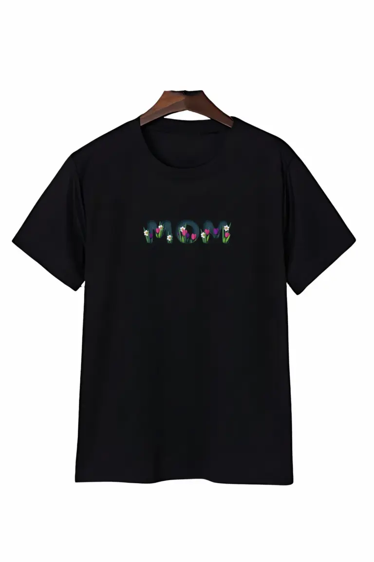 Anneler Gününe Özel Tasarım mom Çiçek Baskılı T-shirt - Siyah