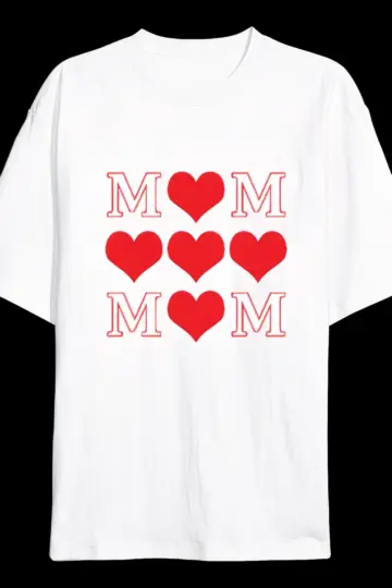 Anneler Gününe Özel Tasarım MOM Kalp Baskılı T-shirt - Beyaz