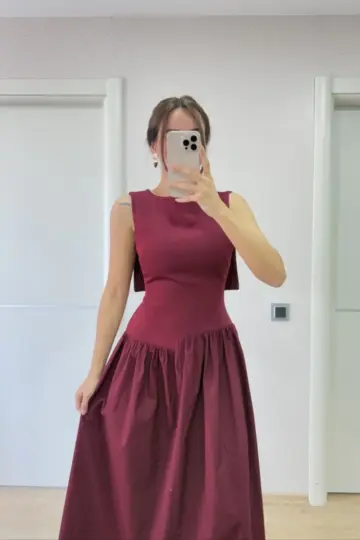 Krep Arkası Kanat Arka Ön Pens Detaylı Uzun Kadın Elbise - Bordo