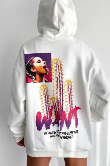 Oversize Kapüşonlu Cepli WANT Baskılı 3 İplik Pamuklu Hoodie Sweatshirt - Beyaz
