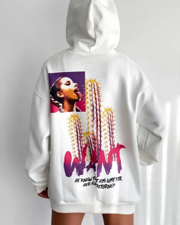 Oversize Kapüşonlu Cepli WANT Baskılı 3 İplik Pamuklu Hoodie Sweatshirt - Beyaz