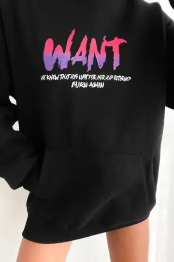Oversize Kapüşonlu Cepli WANT Baskılı 3 İplik Pamuklu Hoodie Sweatshirt - Siyah