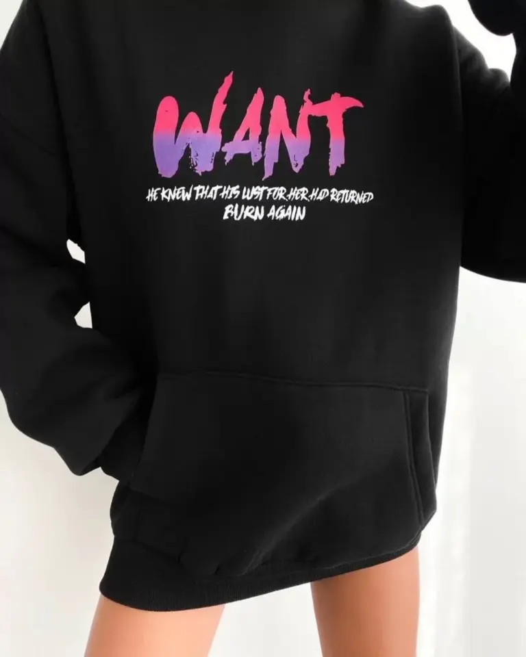 Oversize Kapüşonlu Cepli WANT Baskılı 3 İplik Pamuklu Hoodie Sweatshirt - Siyah