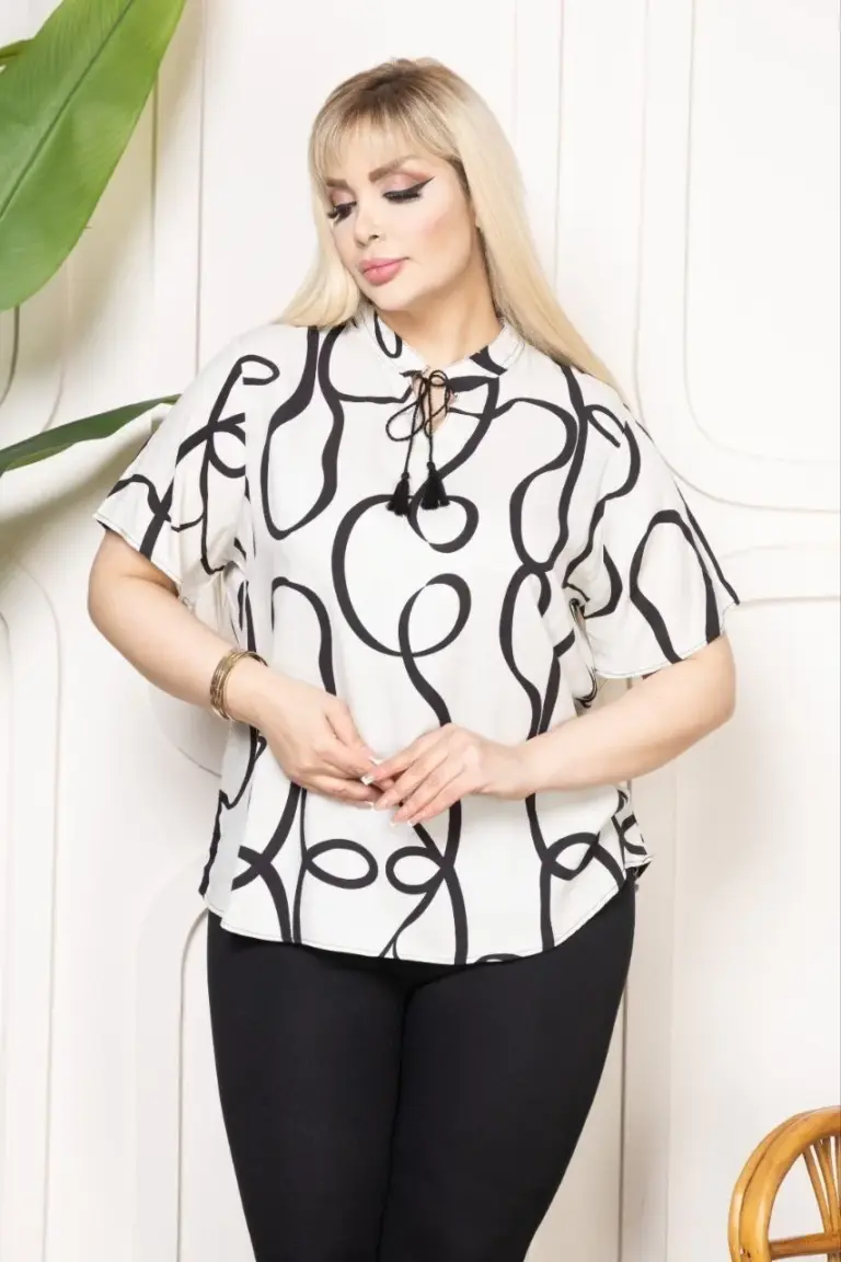 Desenli Püsküllü Viskon Bluz Bebe Yaka Battal Beden Kısa Kol