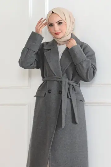 Kaşe Kaban Uzun Boy Kruvaze Yaka Kuşaklı Tesettür Kaşe Kaban Astarlı Yünlü - Gri