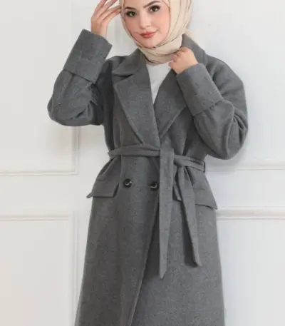 Kaşe Kaban Uzun Boy Kruvaze Yaka Kuşaklı Tesettür Kaşe Kaban Astarlı Yünlü - Gri