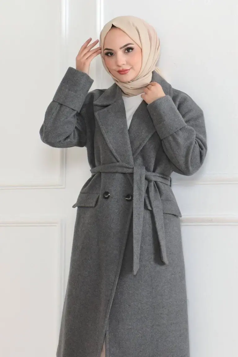 Kaşe Kaban Uzun Boy Kruvaze Yaka Kuşaklı Tesettür Kaşe Kaban Astarlı Yünlü - Gri