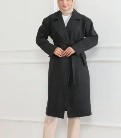 Kaşe Kaban Uzun Boy 115 cm Kruvaze Yaka Kuşaklı Astarlı Tesettür Kaban Yünlü - Siyah