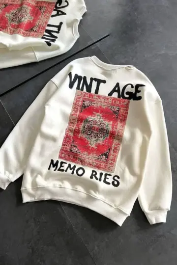 Bisiklet Yaka 3 İplik Baskılı Oversize SweatShirt - Beyaz